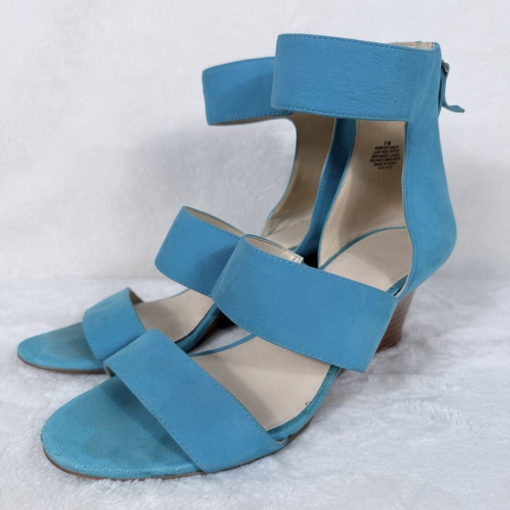 Turquoise Blue Leather Strappy Wedge Sandals Ankle Strap Size 8M